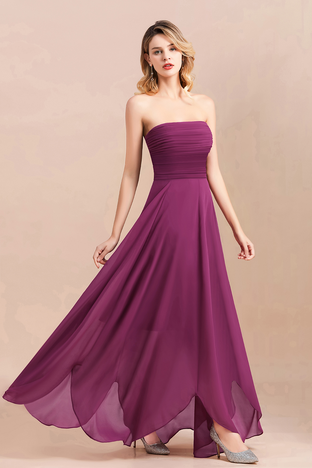 Strapless Orchid Ruched Chiffon Bridesmaid Dress Backless Ankle Length Wedding Party Dress
