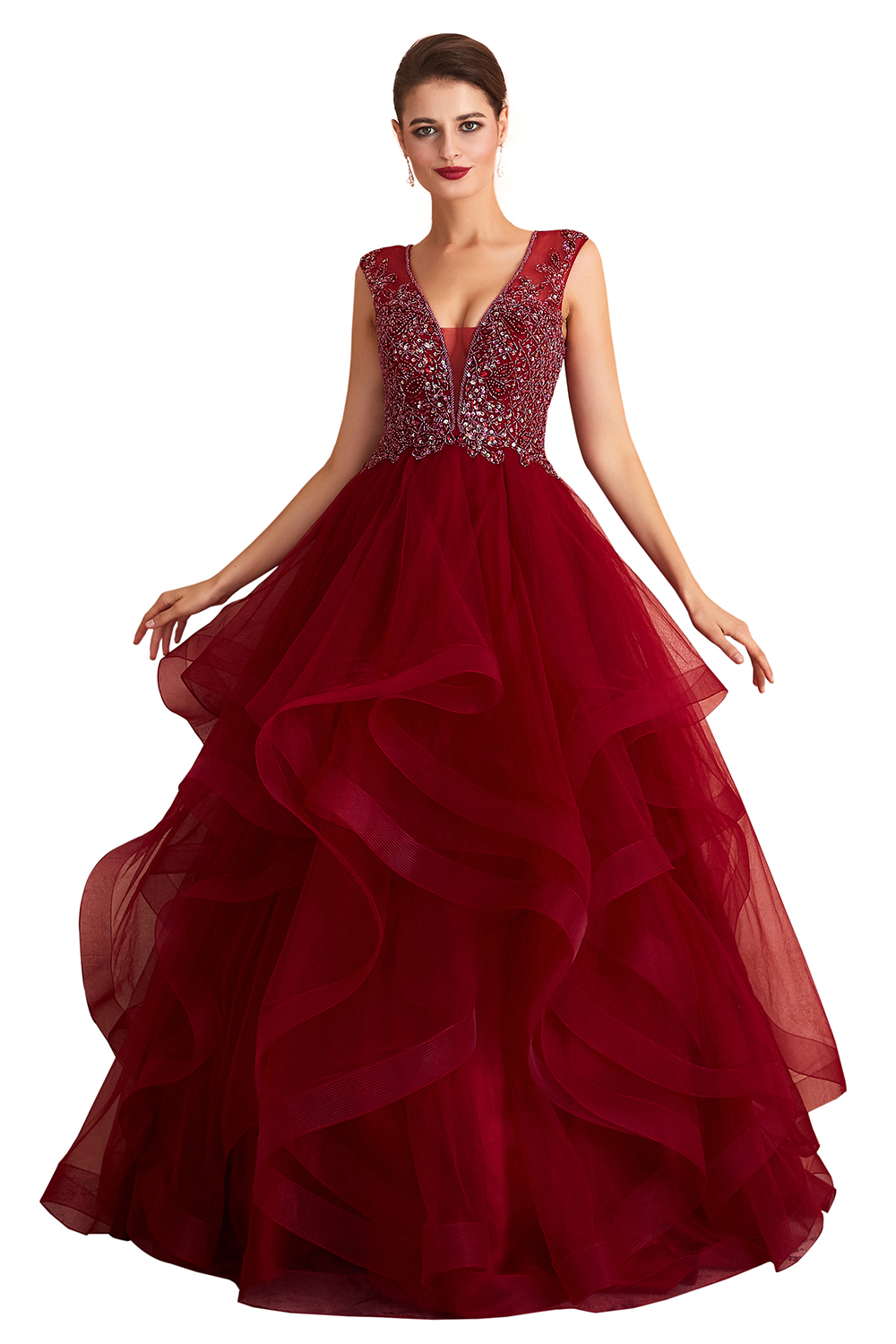 Deep V-Neck Burgundy Layers Tulle Long Evening Dress Sparkly Beadings Sequins Party Dress