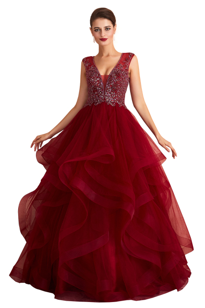 Deep V-Neck Burgundy Layers Tulle Long Evening Dress Sparkly Beadings Sequins Party Dress