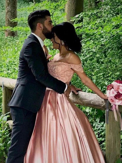 Satin Off-the-Shoulder Ball Gown Cathedral Train Sleeveless Ruffles Wedding Dresses UK