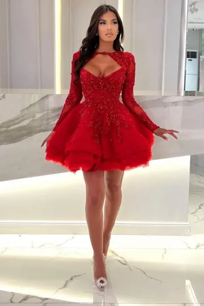 Red Long Sleeves Beaded A-Line Evening Dress Appliques Party Dress