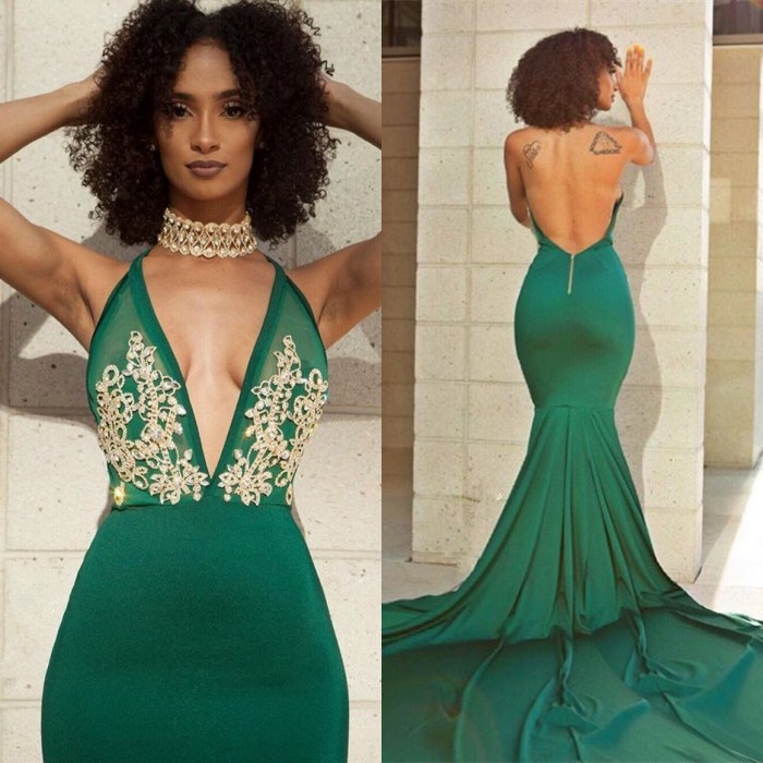 Sexy Green V-Neck Evening Dress UK | Backless Mermaid Prom Dress UK With Lace