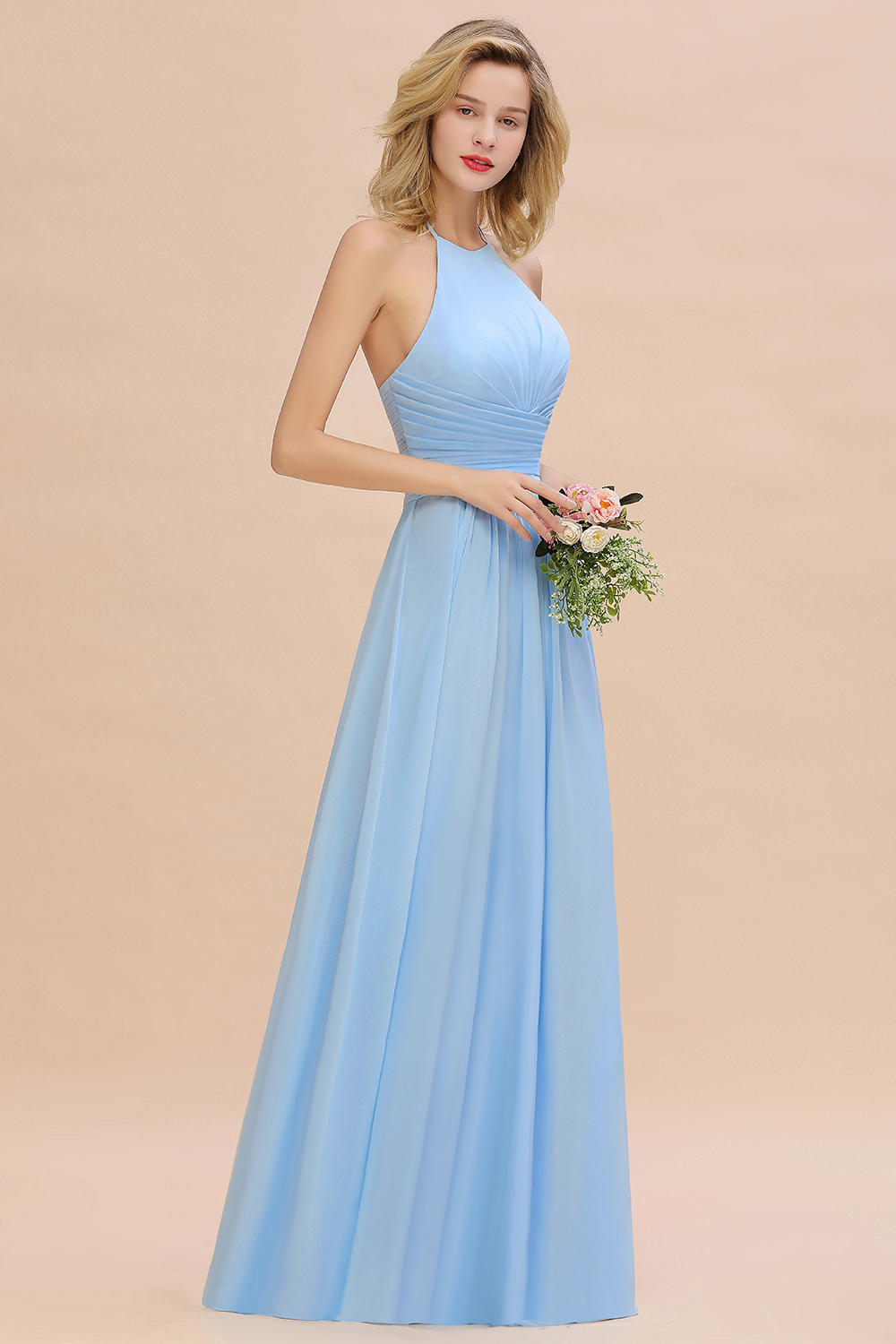Halter Sky Blue Ruched Chiffon Long Bridesmaid Dresses