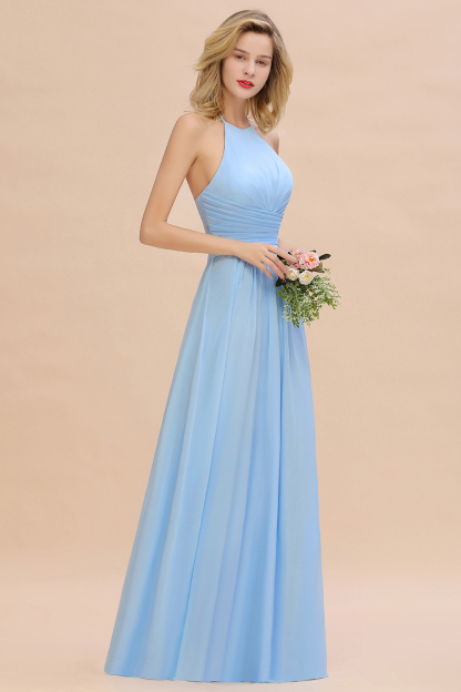 Halter Sky Blue Ruched Chiffon Long Bridesmaid Dresses