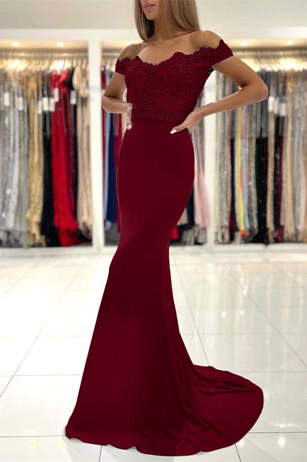 Mermaid Off the Shoulder Sleeveless Prom Dress Long With Lace Appliques