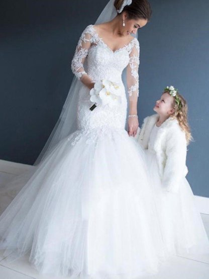 Court Train Sexy Mermaid 3/4 Sleeves Tulle Lace V-Neck Wedding Dresses UK