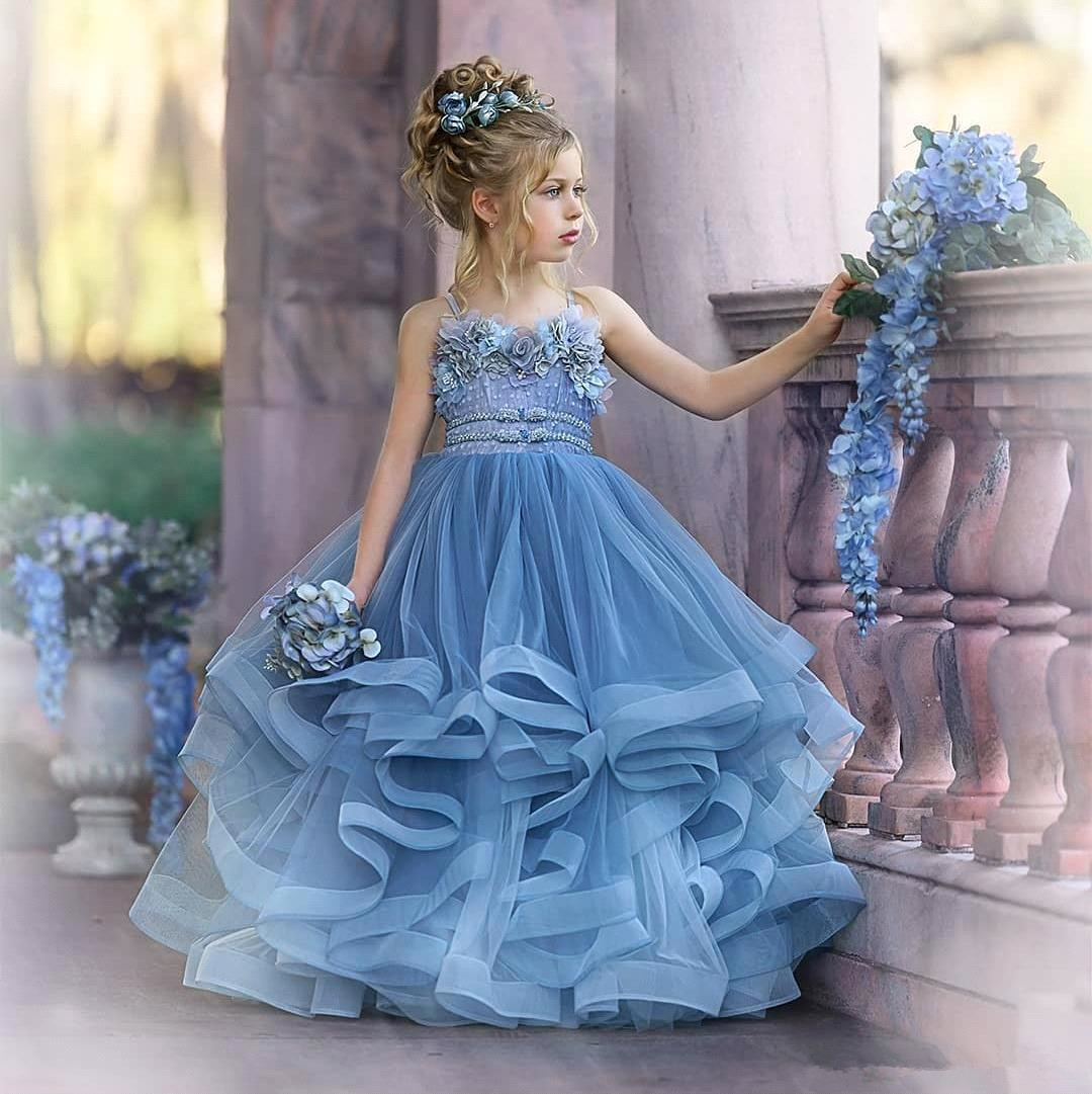 Spaghetti Straps Blue Ruffles Puffy Princess Flower Girl Dresses