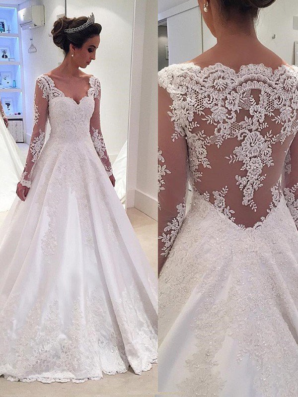 V-neck Court Train Ball Gown Lace Satin Long Sleeves Wedding Dresses UK