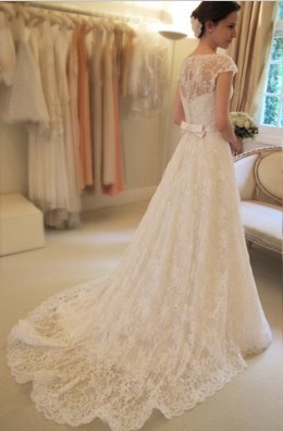 Lace A-line Princess Wedding Dresses UK with Cap Sleeves