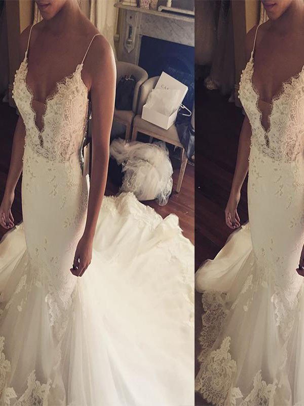 Court Train Sleeveless Sexy Mermaid Lace Tulle Spaghetti Straps Wedding Dresses UK