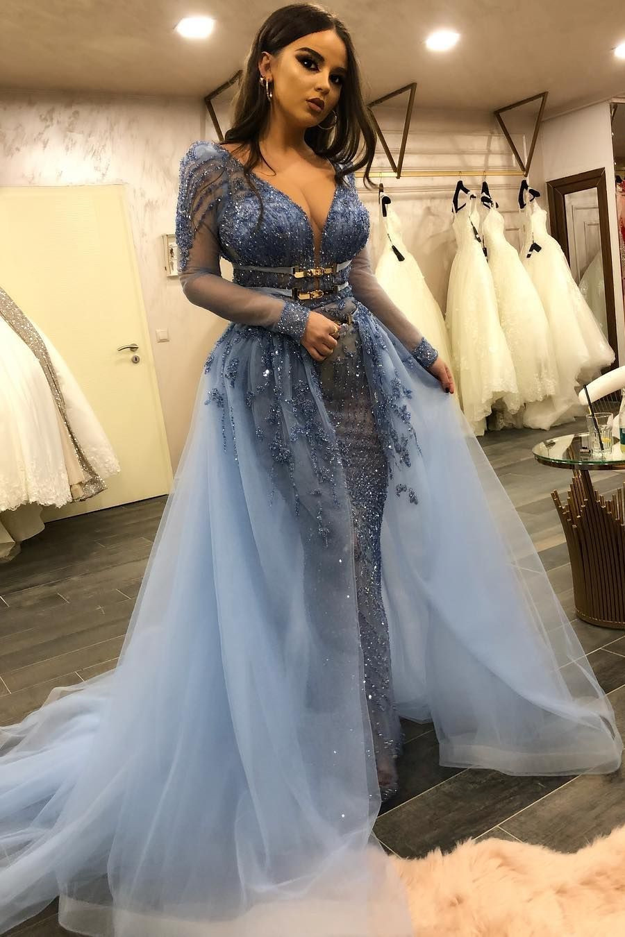 Luxurious V-neck Long Sleeves Belted Mermaid Crystal Beading Tulle Dresses with Overskirt