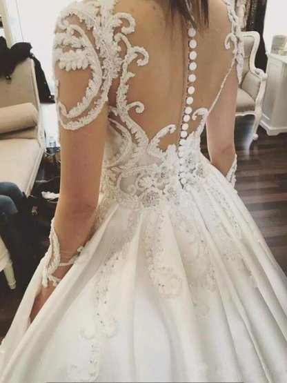 Satin Ball Gown Scoop Neckline Cathedral Train Applique Long Sleeves Wedding Dresses UK