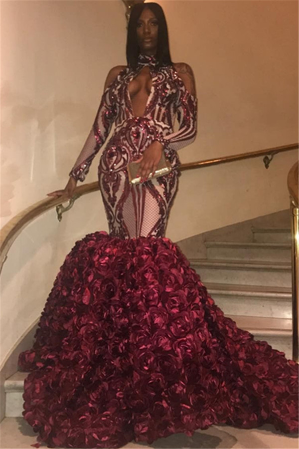 Elegant Burgundy Maroon High Neck Long Sleeves Flower Applique Elegant Mermaid Prom Dress UKes UK UK