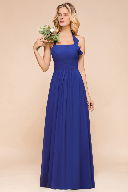 Affordable Halter Bridesmaid Dress Royal Blue Chiffon Long Wedding Guest Dress