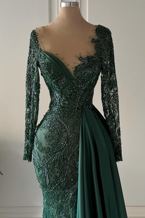 Elegant Long Sleeves Dark Green Lace Mermaid Evening Dress V-Neck Floor Length Formal Dress with Train