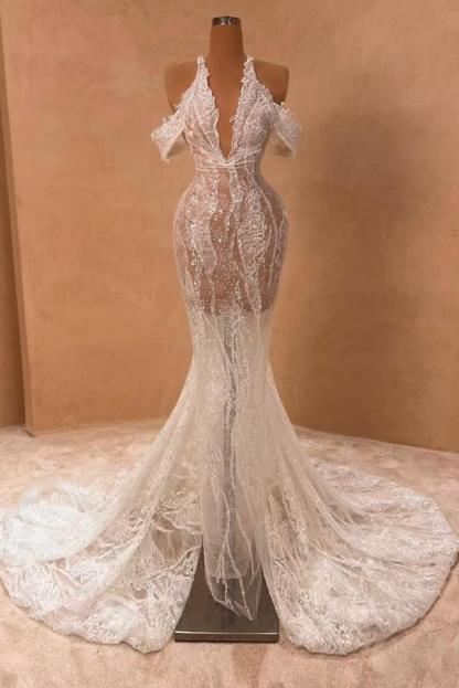 Halter Off-the-Shoulder Floral Lace Trumpet Wedding Dresses V-neck White Mermaid Bridal Gown