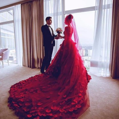 Red Tulle Princess Wedding Dress Flowers Court Train