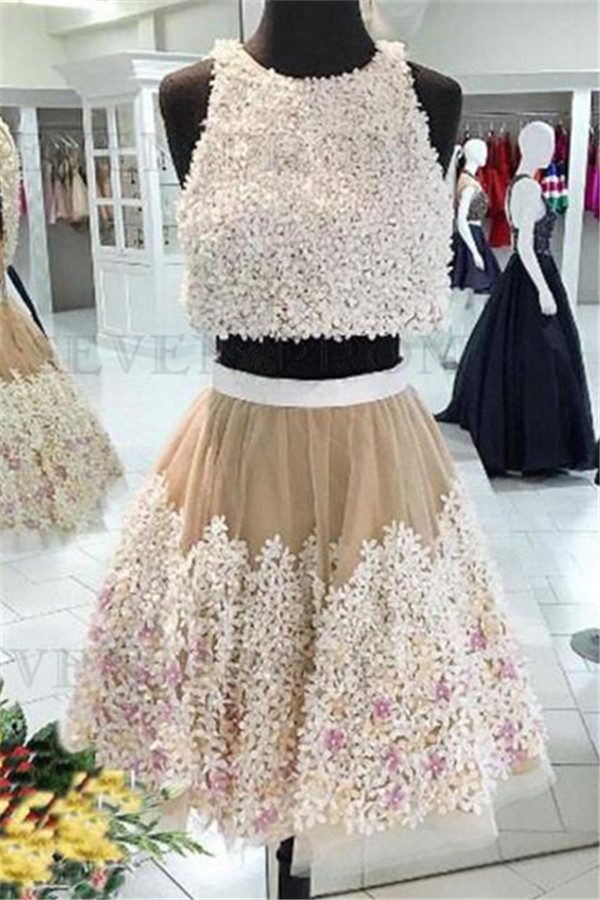 Crystal Lace Appliques Jewel Homecoming Dress UKes UK Two Piece Sleeveless Short Party Dress UKes UK