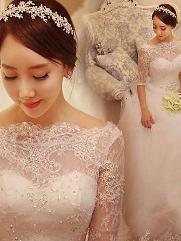 Tulle Ball Gown Beads Off-the-Shoulder 1/2 Sleeves Wedding Dresses UK