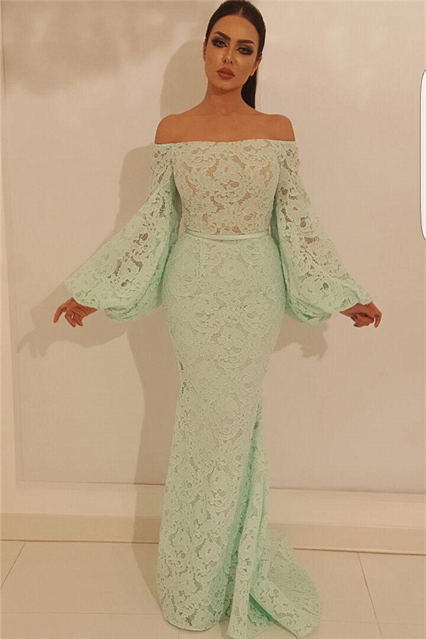 Elegant Mermaid Off the Shoulder Prom Dress | Stylish Lace Long Sleeve Evening Gowns