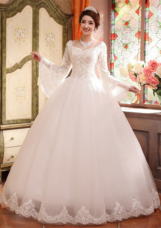 Elegant Long Sleeve Sequins Lace Wedding Dresses UK Ball Gown Tulle