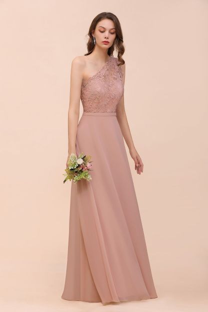 One Shoulder Dusty Pink Lace Chiffon Bridesmaid Dresses