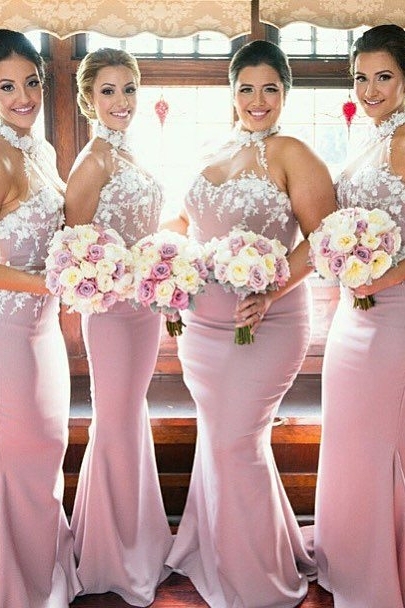 Halter Sleeveless Mermaid Bridesmaid Dress UK Lace Appliques