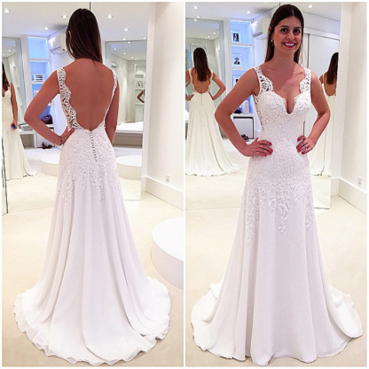 Stunning Sleeveless V-Neck Wedding Dresses UK Lace Long