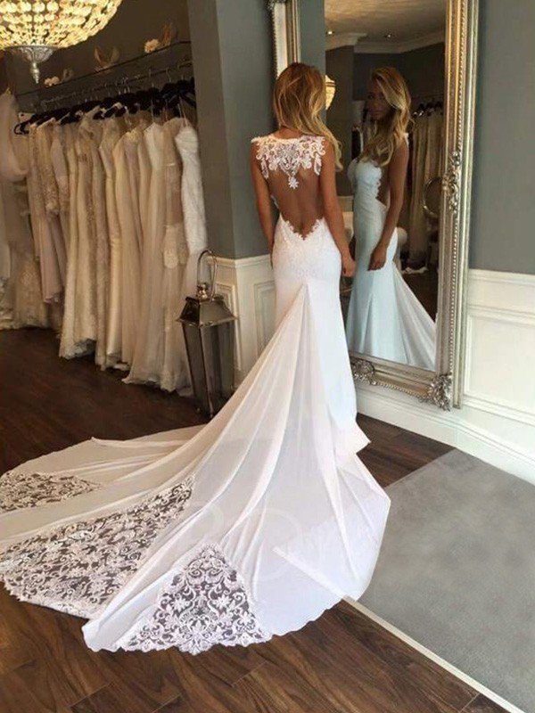 Cathedral Train Sexy Mermaid Sweetheart Applique Lace Sleeveless Wedding Dresses UK