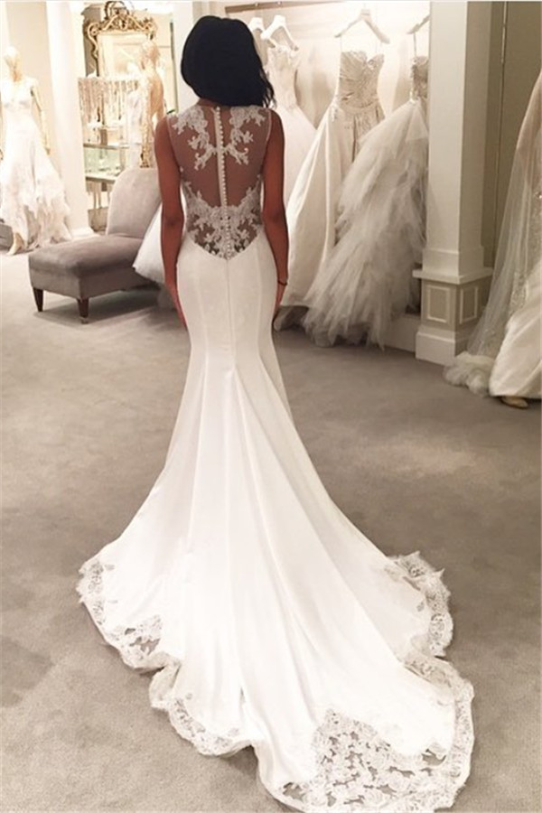 Sexy Mermaid Wedding Dresses UK Sheer Mesh Bridal Gowns with Lace Court Train BA3369