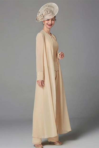 Plus Size Jumpsuit 3 Piece Mother of the Bride Dress Elegant Wrap Included Bateau Neck Floor Length Chiffon Sleeveless with Beading Appliques
