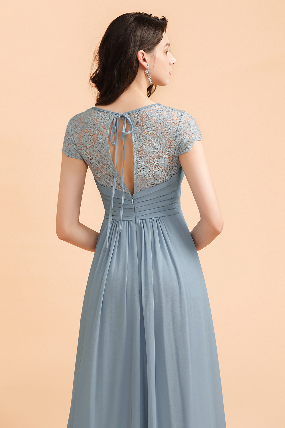 Elegant Short Sleeve Lace Chiffon Bridesmaid Dress Dusty Blue Formal Dress