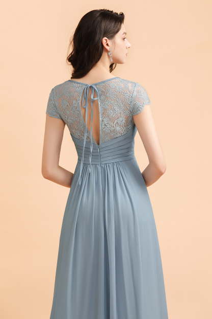 Elegant Short Sleeve Lace Chiffon Bridesmaid Dress Dusty Blue Formal Dress