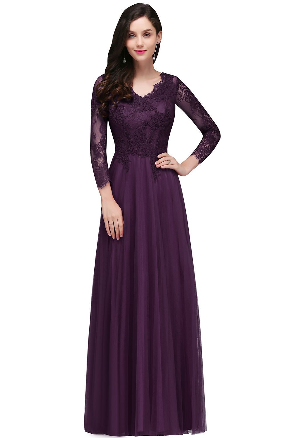 V-Neck Long-Sleeves Burgundy Floor-Length A-line Prom Dress UKes UK