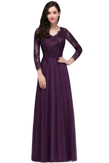 V-Neck Long-Sleeves Burgundy Floor-Length A-line Prom Dress UKes UK
