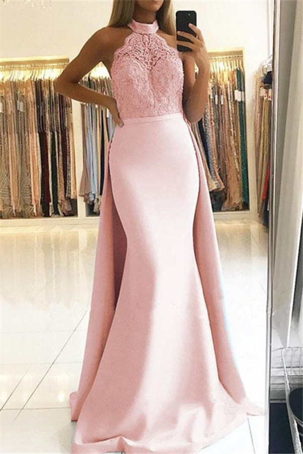 Sexy Lace Over Skirt Halter Prom Dress UKes UK Mermaid Sexy Sleeveless Elegant Evening Dress UKes UK