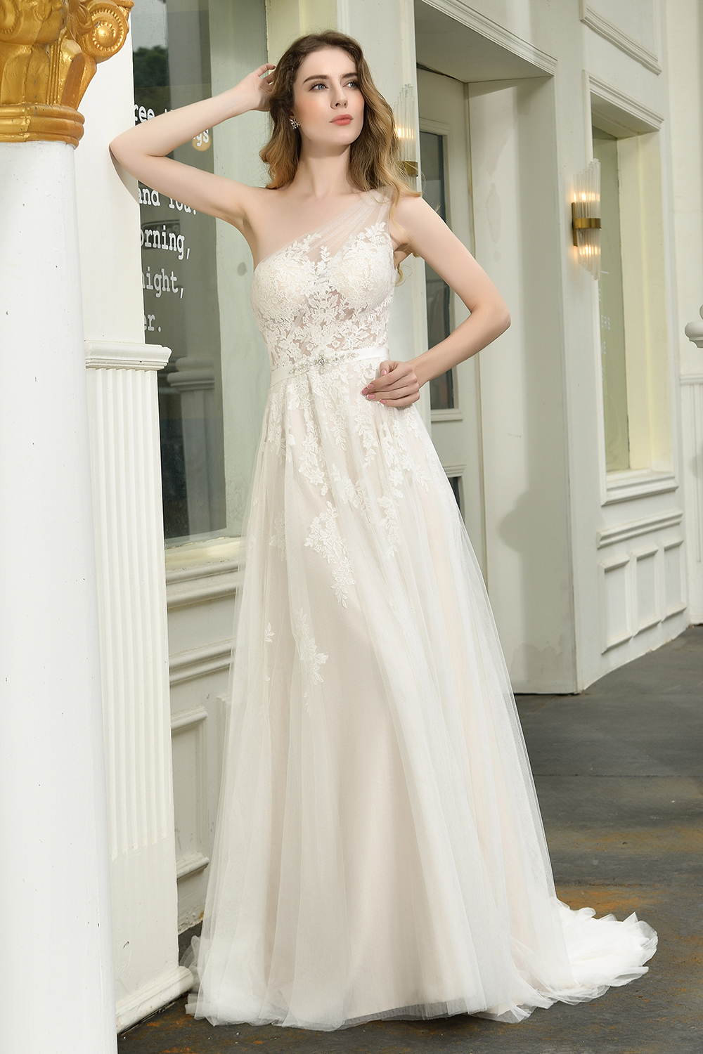 One Shoulder A-line Wedding Dress Lace Appliques