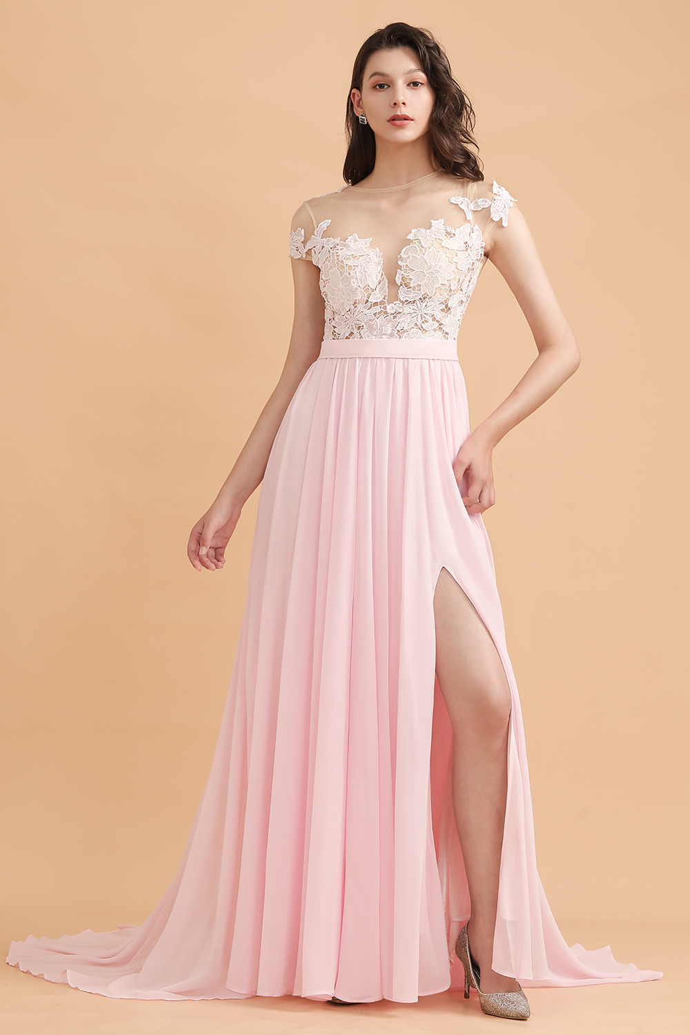 Chic Jewel Pink Chiffon Long Bridesmaid Dress Floral Lace A-line Wedding Party Dress with Side Slit