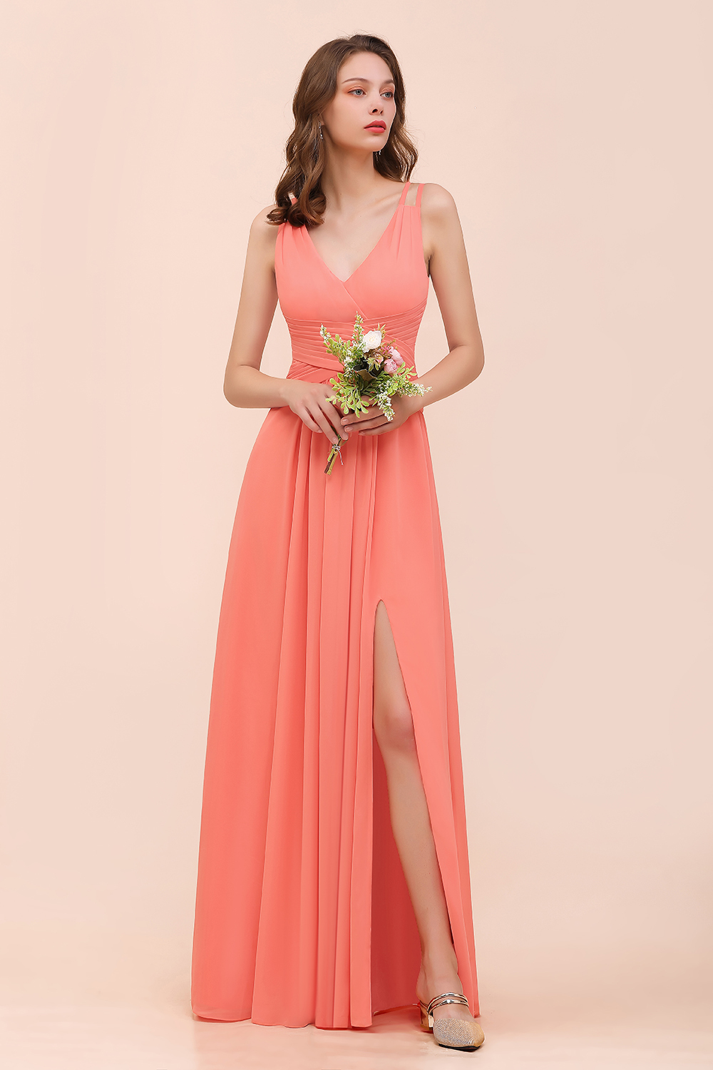 Elegant Coral A-line Side Split Bridesmaid Dress Sleeveless Long Chiffon Wedding Guest Dress