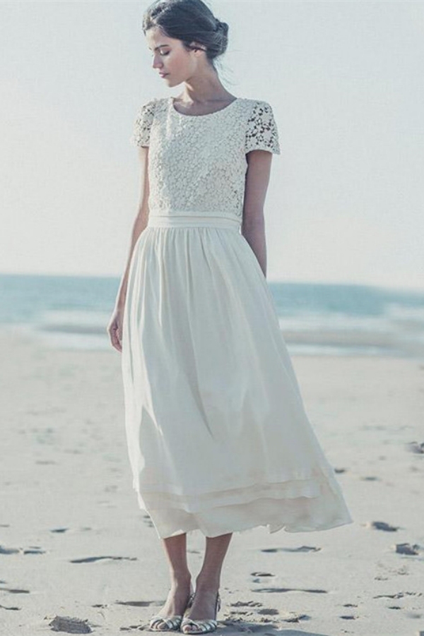 White Jewel Lace A-line Wedding Dress Cap Sleeve Tea Length Bridal Dress