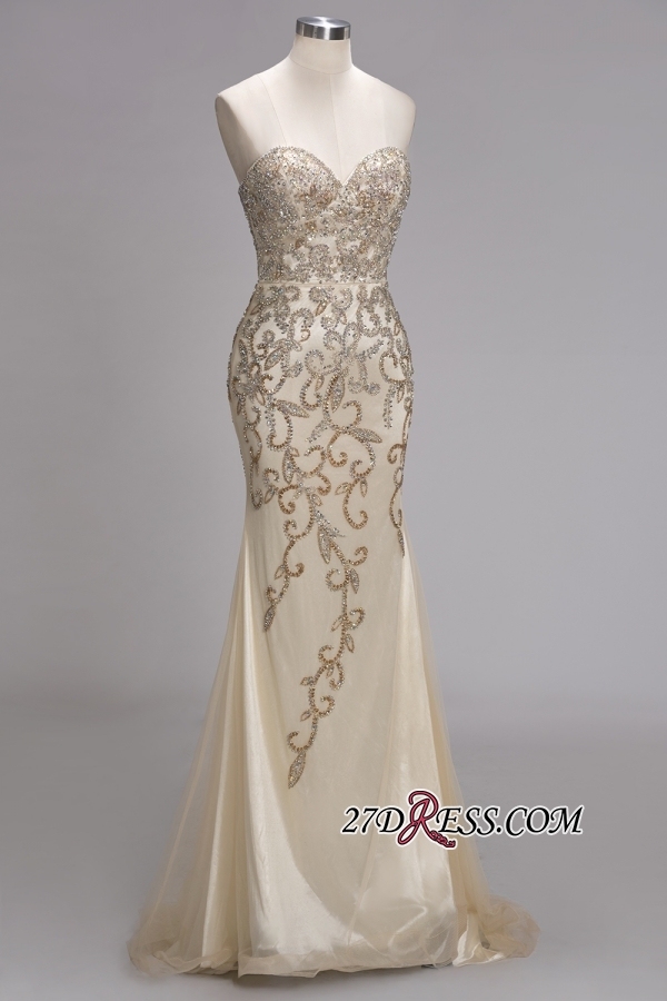 Backless Crystals Beaded Luxury Sweetheart Formal Long Tulle Evening Gowns