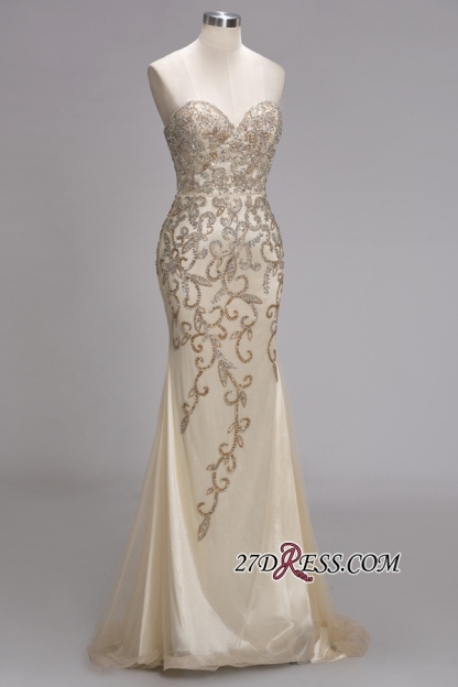 Backless Crystals Beaded Luxury Sweetheart Formal Long Tulle Evening Gowns
