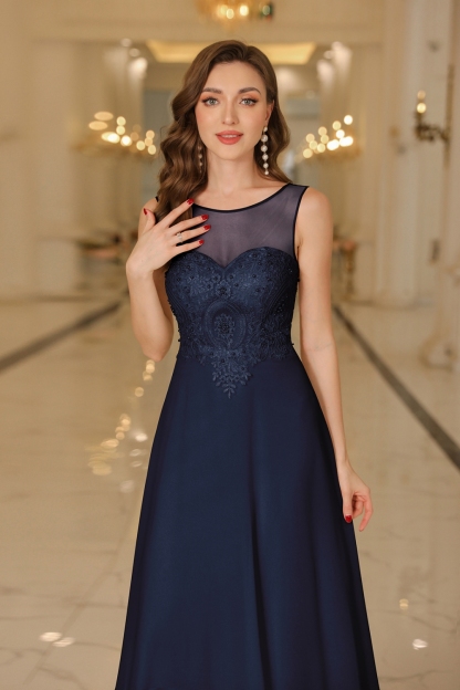 Elegant Scoop Neck Chiffon Aline Evening Dress Sleeveless Lace Formal Dress with Appliques