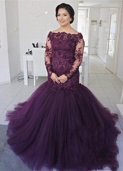 Gorgeous Long Sleeve Plus Size Prom Dress UK Mermaid Lace Appliques BA8433-27Dress.co.uk