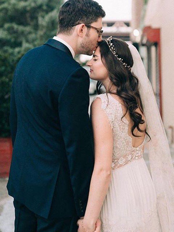 Floor-Length A-Line V-Neck Lace Short Sleeves Ruched Wedding Dresses UK