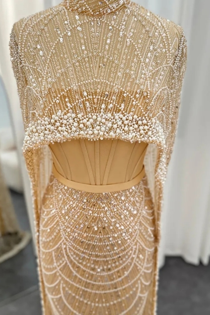 Gorgeous Sleeveless Cape Sleeves Beadings Mermaid Evening Gown See-Through Party Dress for Wedding