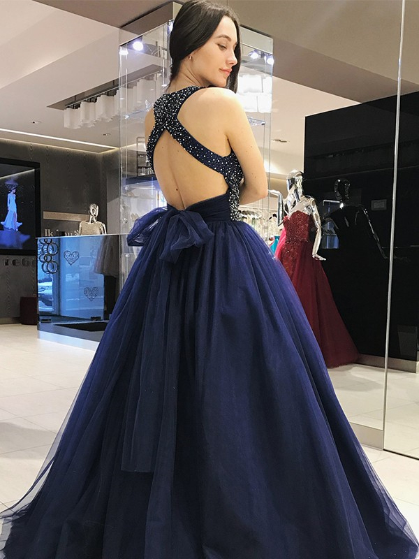 Sexy Halter Crystal Bow-knot Open Back Prom Dress UKes UK Ball Gown Sleeveless Elegant Evening Dress UKes UK