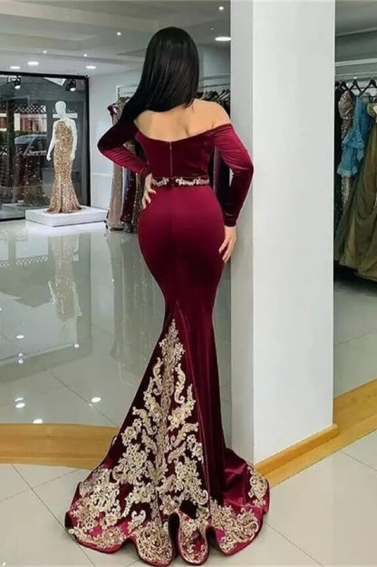 Stunning Burgundy Velvet Bodycon Party Dress Long Sleeves Mermaid Prom Dress with Gold Appliques