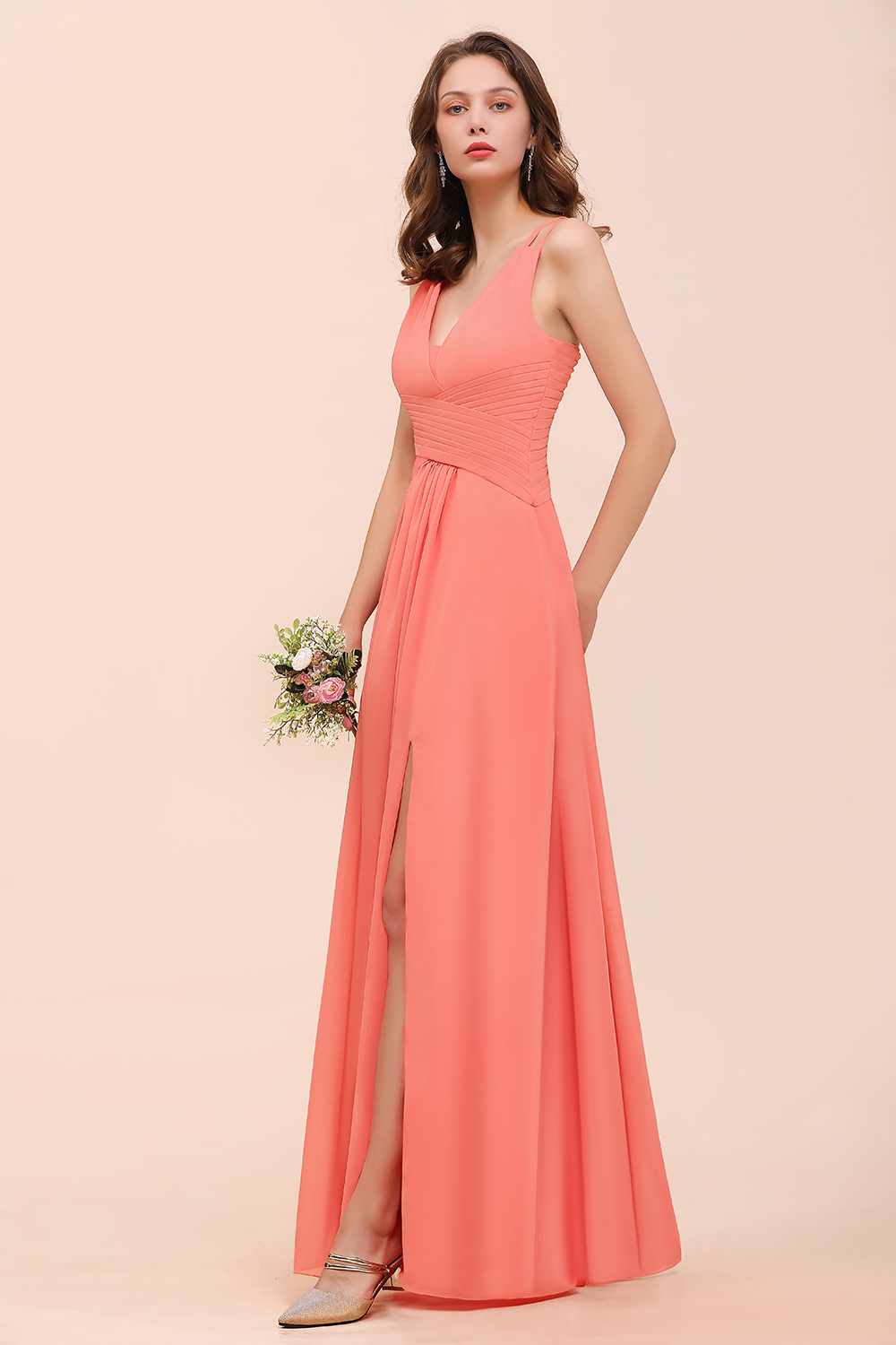 Elegant Coral A-line Side Split Bridesmaid Dress Sleeveless Long Chiffon Wedding Guest Dress