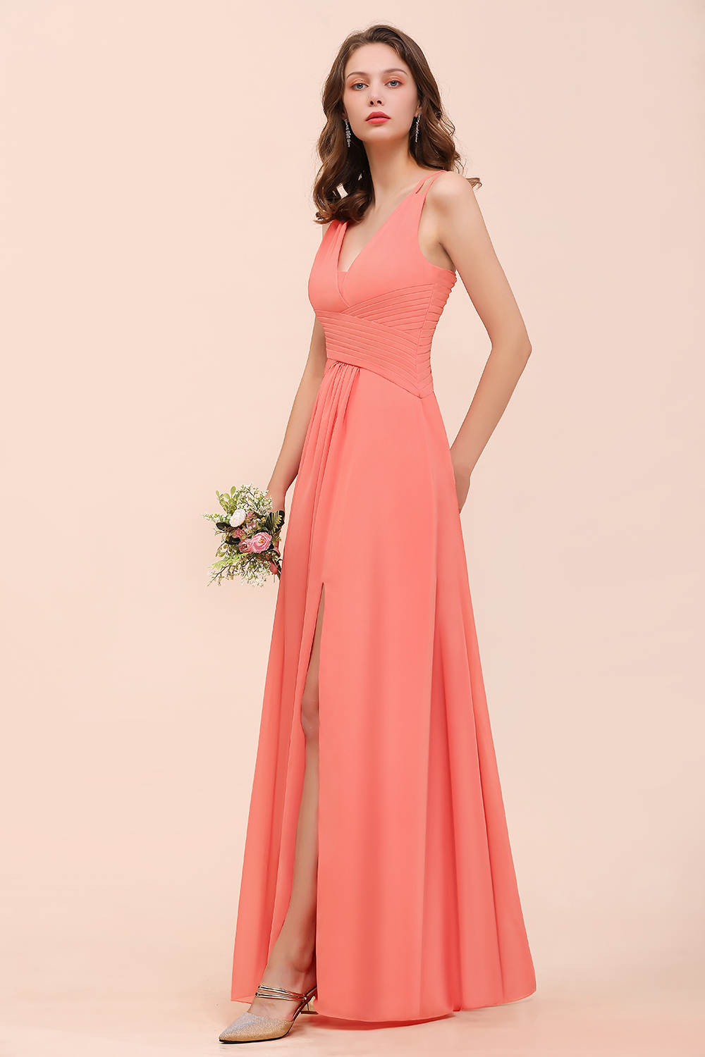 Elegant Coral A-line Side Split Bridesmaid Dress Sleeveless Long Chiffon Wedding Guest Dress